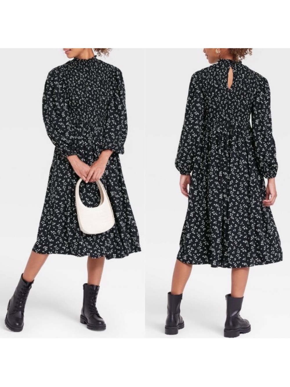 a new day Black Floral Smocked-Neck Midi Dress